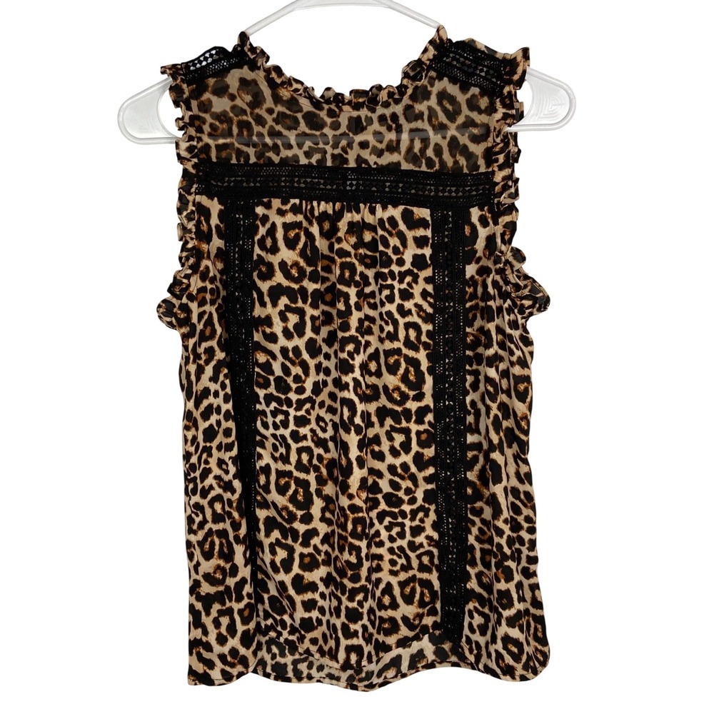 a.n.a Womens Leopard Print Sleeveless Blouse Crochet Lace Trim Ruffle Neck Small